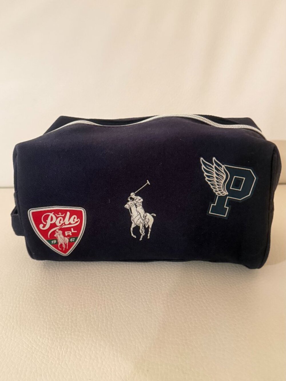 POLO RALPH LAUREN NAVY BLUE CANVAS TOILETRY BAG DOPP KIT TRAVEL POUCH W PATCHES